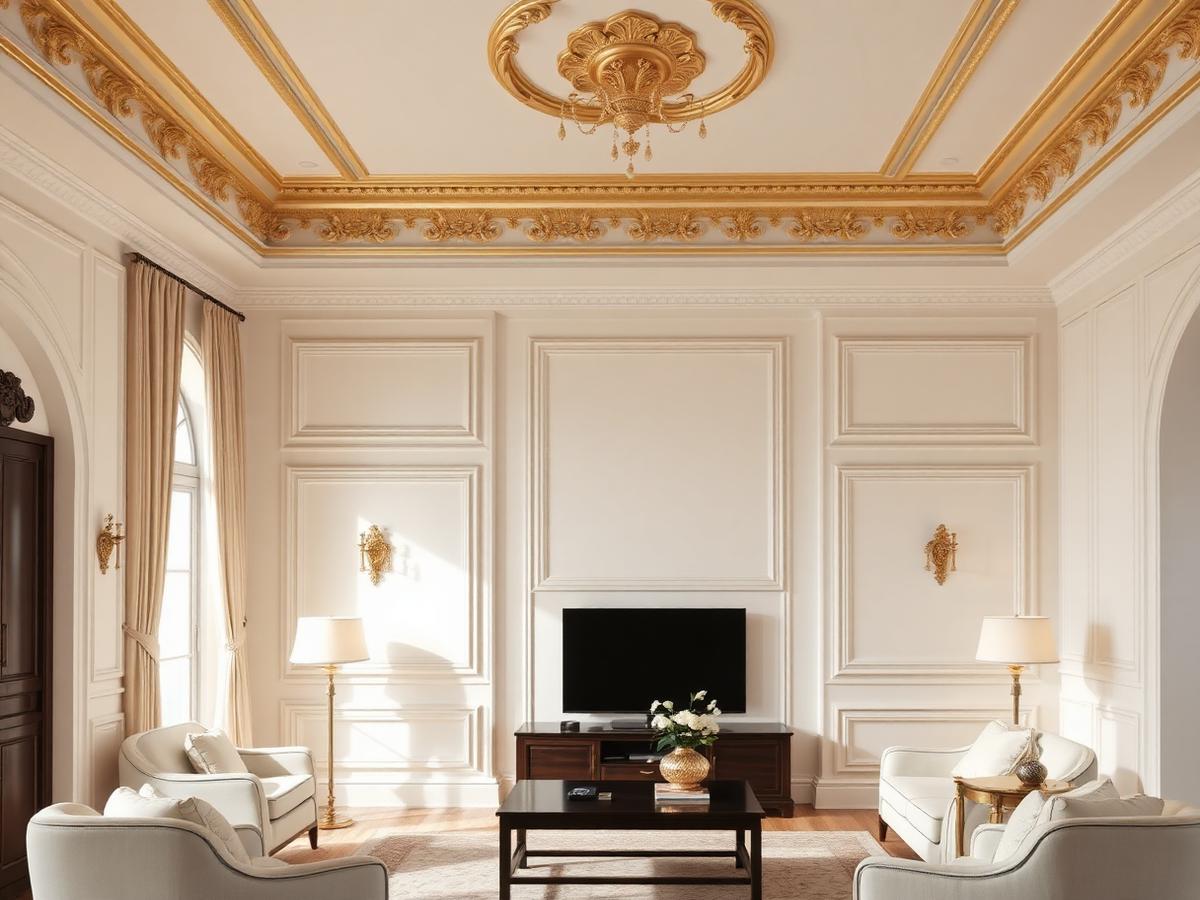 Cream living room with golden ceiling molding