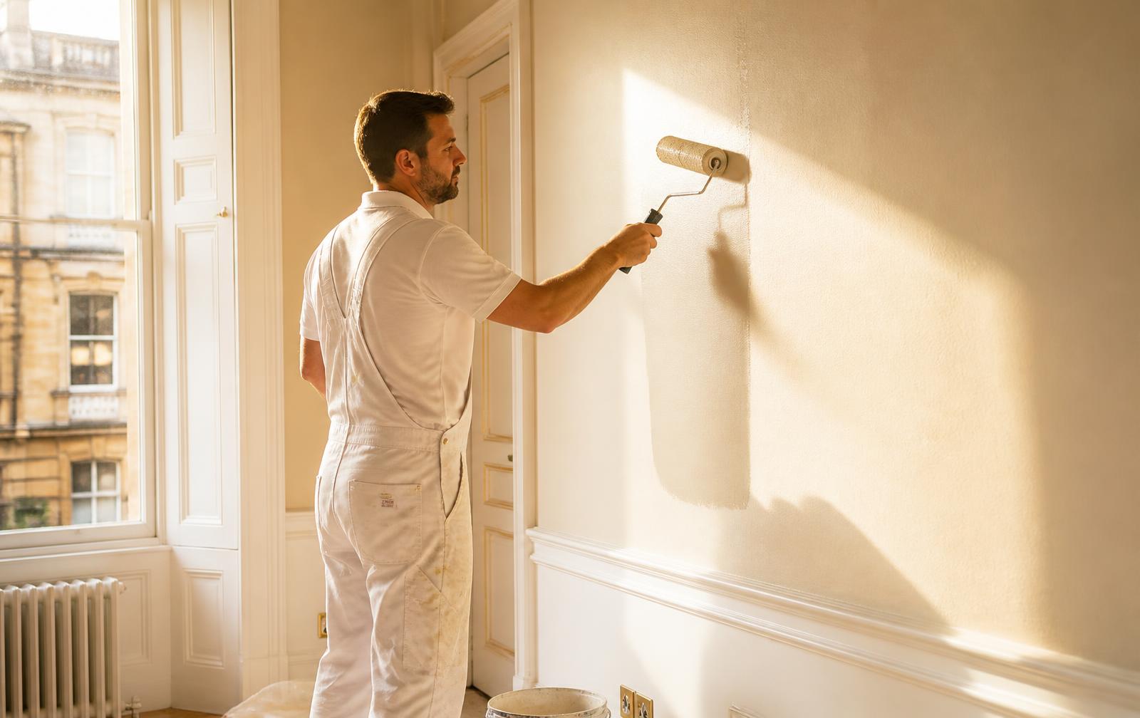 Decorator rolling cream paint onto a wall