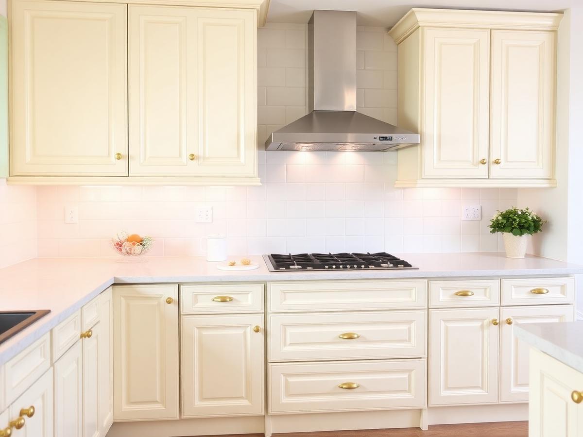 Cream kitchen cabinets repainted with gold handles