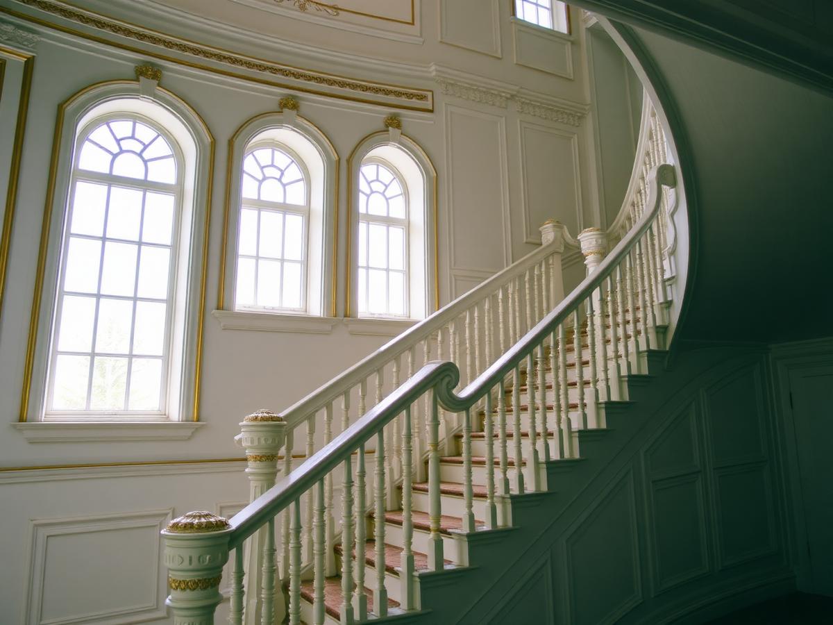 Painted staircase and window frames with gold detailing